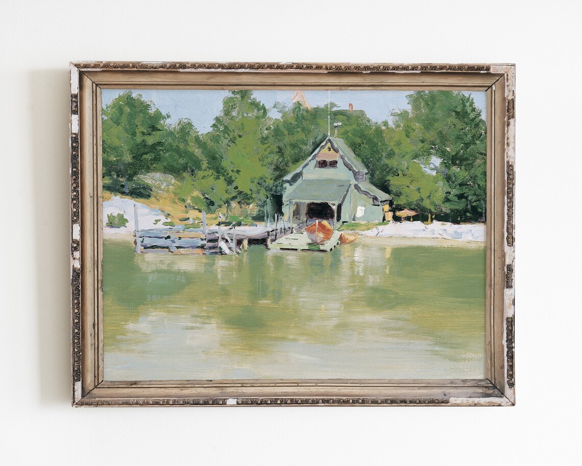 Vintage Lake House Lake Print, Cabin Landscape Art Print