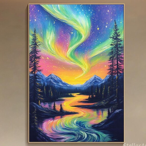 Northern Lights Landscape Oil Painting On Colorful Night Sky Textured Wall Art Pine Tree Mountains River Art Unique Living Room Art