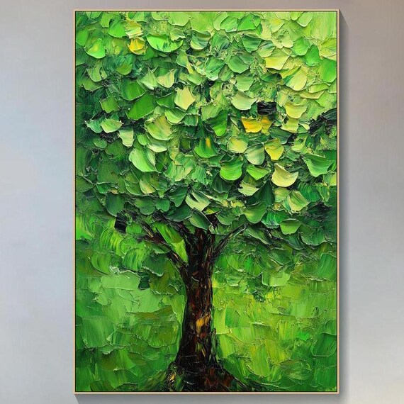 Green Tree Painting On 3d Textured Abstract Nature Wall Art Modern Tree Painting Nature Inspired Artwork Large Living Room Decor
