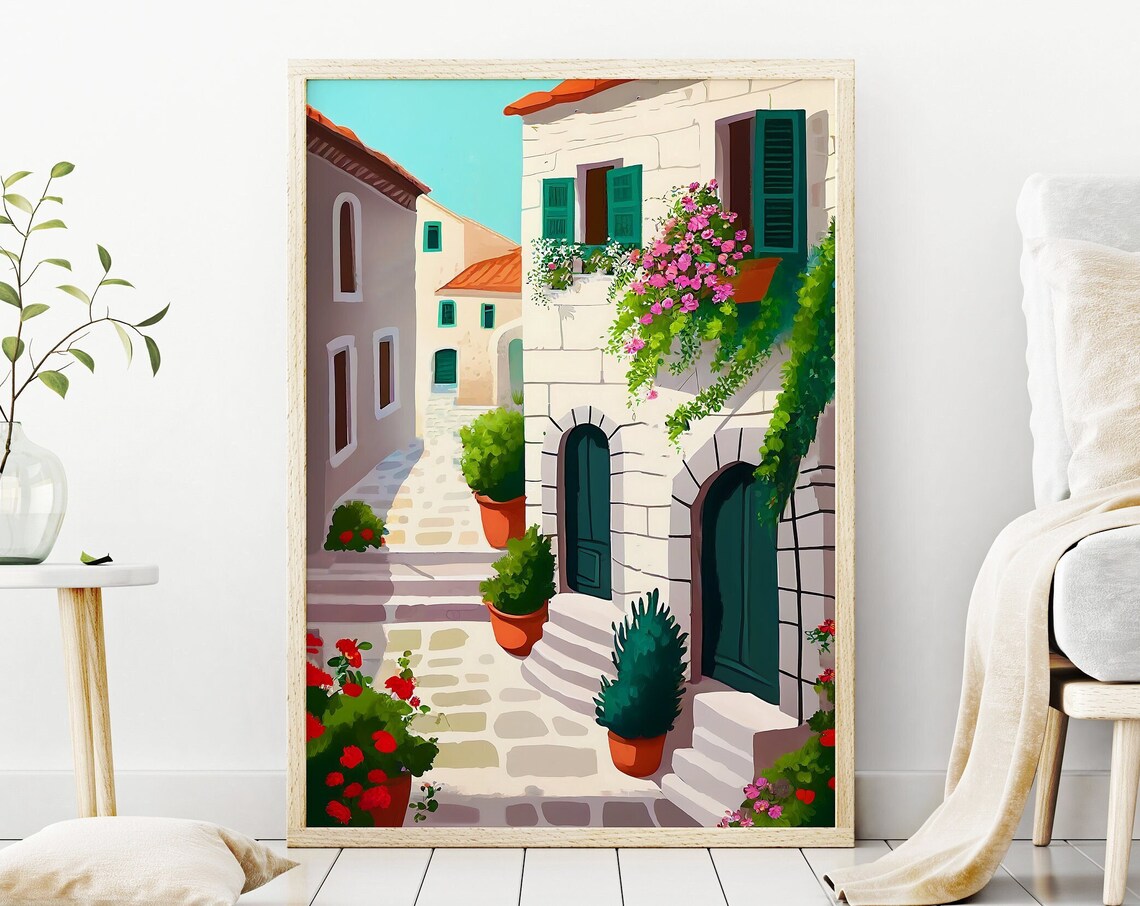 Croatia Travel Poster Old Stone Alley With Flowers Mediterranean Art