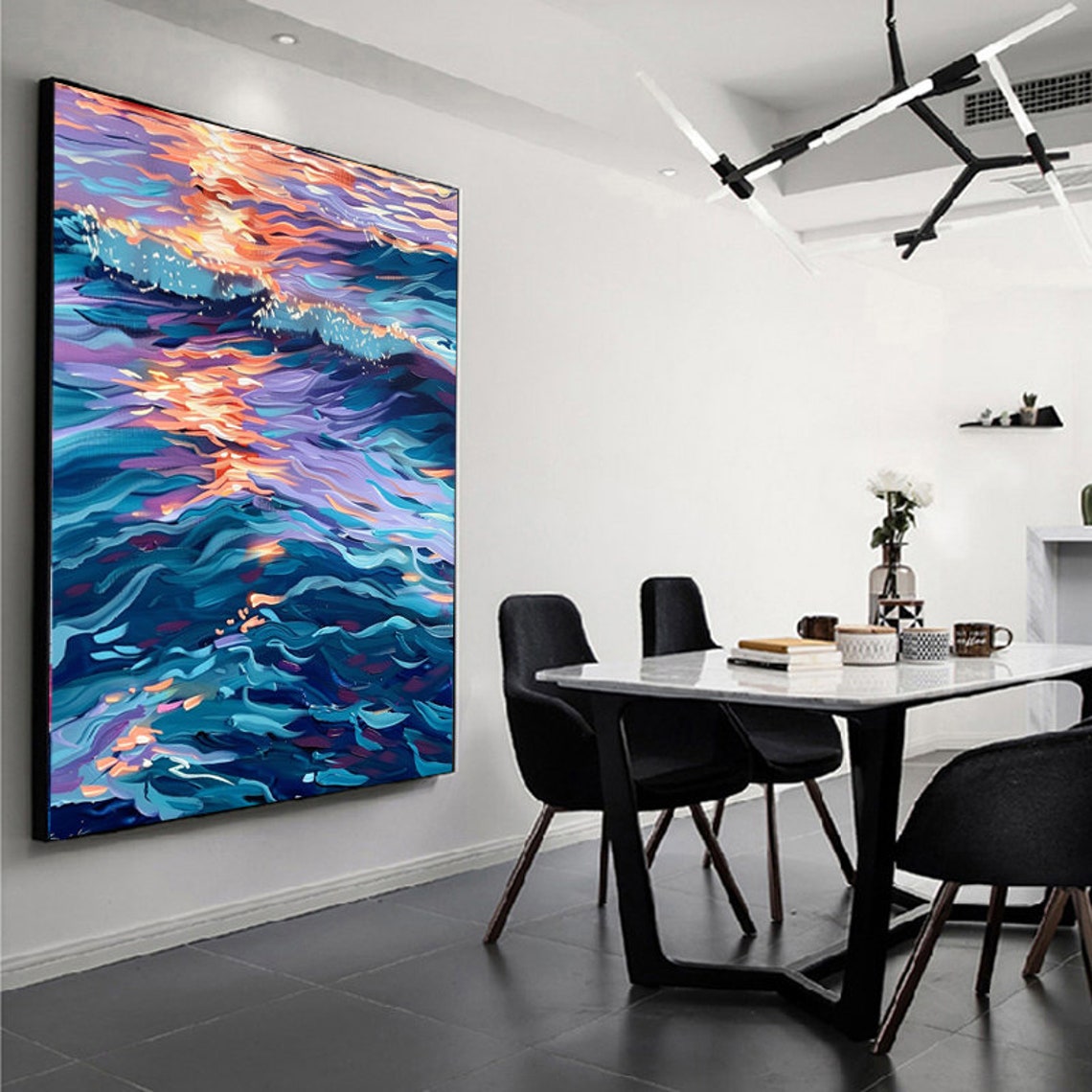 Sunset Reflections On Violet Blue Ocean Waves Vertical Art Poster - Image 5