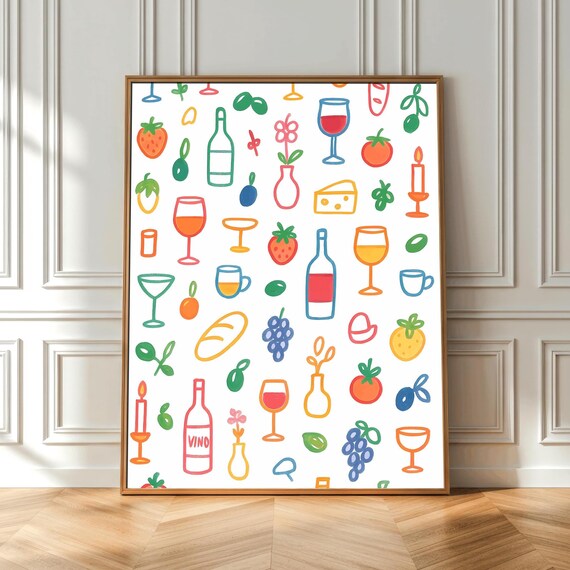 Retro Italian Kitchen Wine Vino Doodle Pattern Maximalist Wall Art