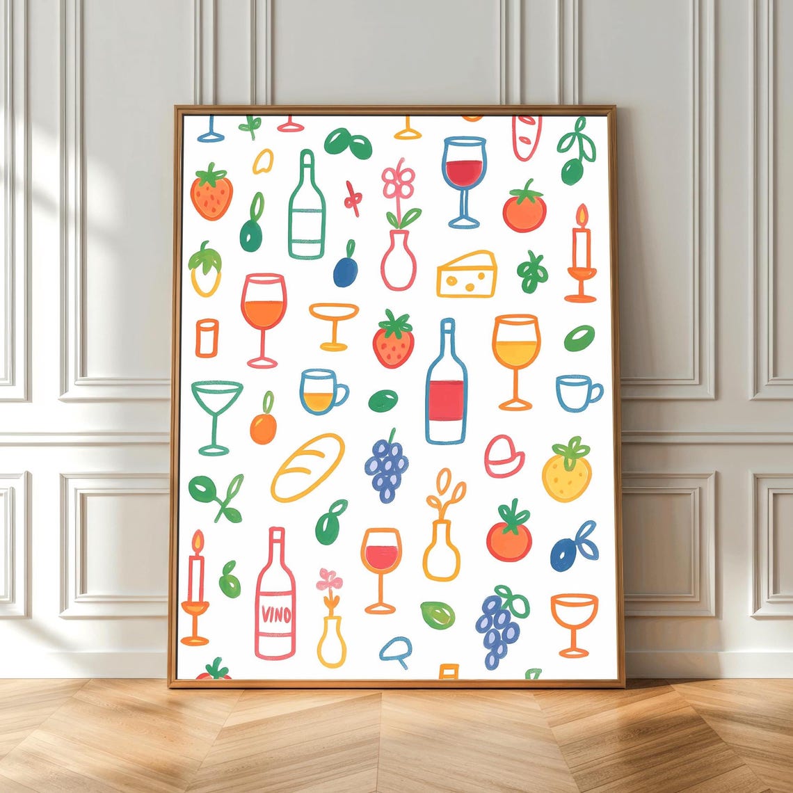 Retro Italian Kitchen Wine Vino Doodle Pattern Maximalist Wall Art