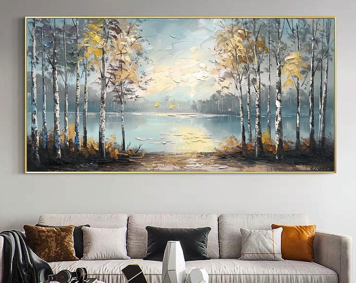Golden Autumn Birch Forest Lakeside Morning Light Oil Painting Poster