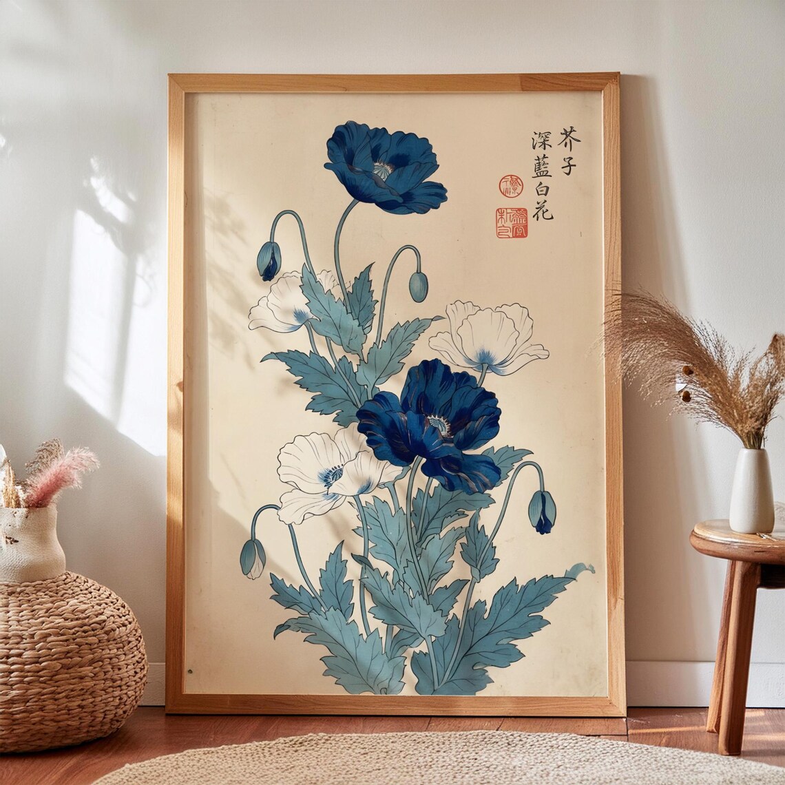 Blue And White Poppy Blooms Japanese Woodblock Style Botanical Wall Art