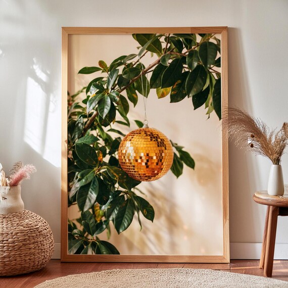 Orange Disco Ball Hanging Plant Retro Botanical Citrus Party Decor Poster