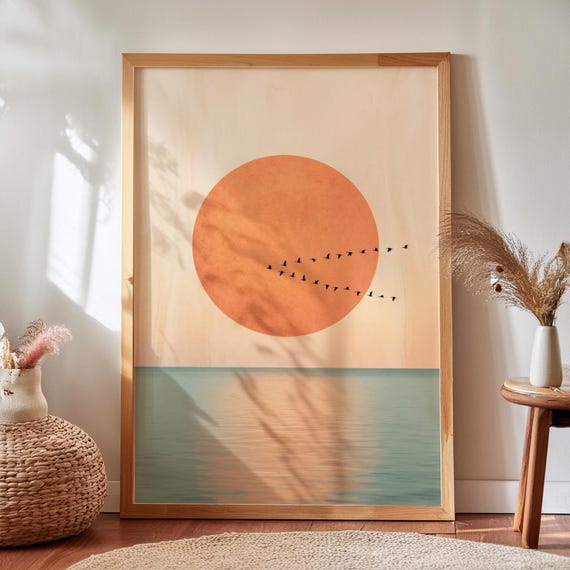 Mid Century Modern Rising Sun Art Japanese Abstract Landscape Painting Digital Download