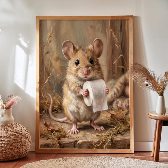 Funny Mouse Holding Toilet Paper Art Print Quirky Bathroom Decor Digital Download
