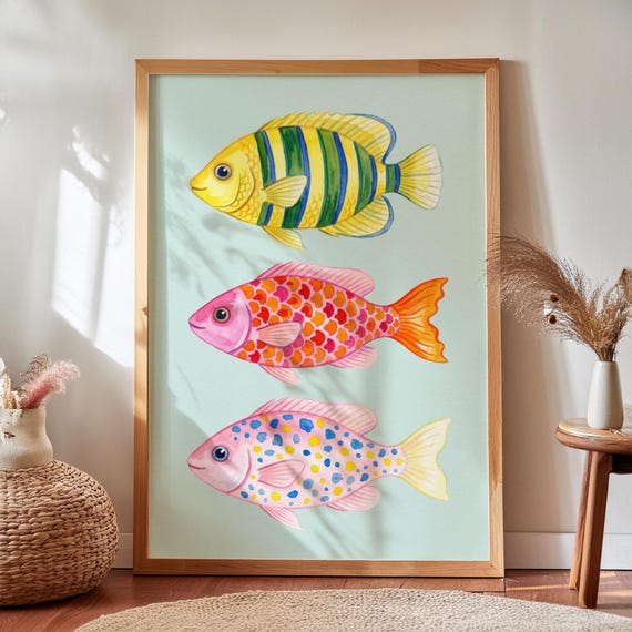 Colorful Tropical Fish Art Print Coastal Marine Life Poster Digital Download