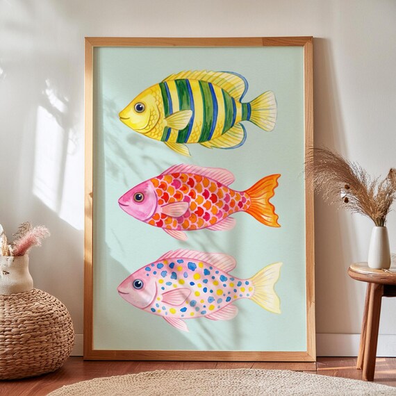 Three Colorful Watercolor Fish Yellow Pink Blue Coastal Art Poster