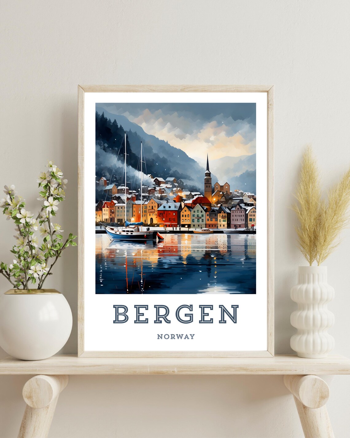 Bergen Norway Travel Poster, Winter Art Print