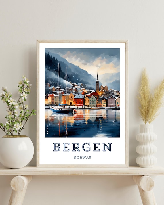 Bergen Norway Travel Poster, Winter Art Print