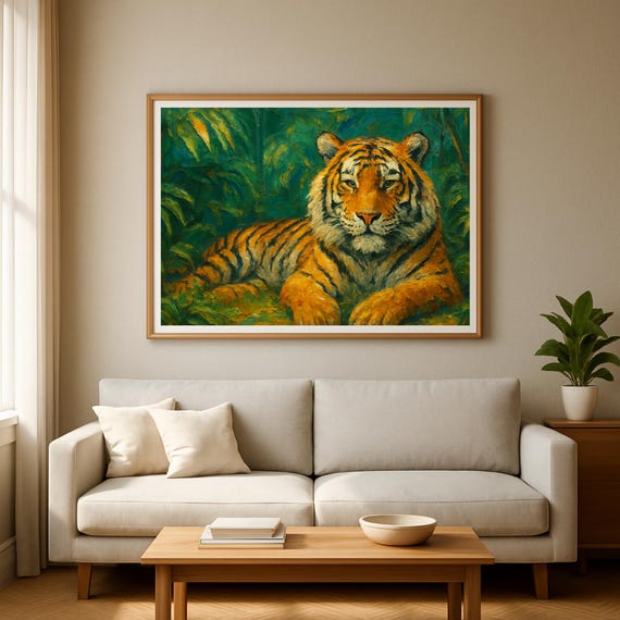 Majestic Tiger In The Jungle Wall Art Oil Painting Style Poster Jpg Image Animal Picture