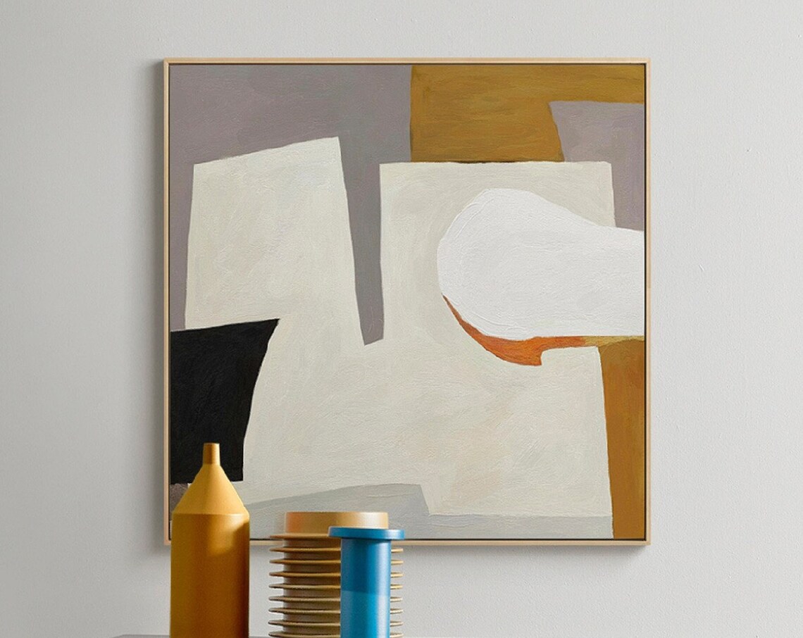 Mid Century Cream Mustard Black Color Block Gallery Abstract Poster