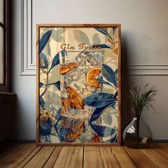Gin Tonic Retro Cocktail Poster, Housewarming Gift