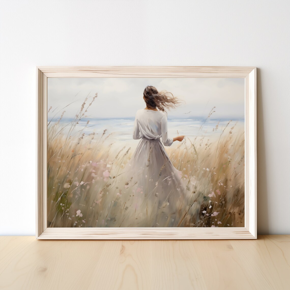 Woman in White Dress Walking on Beach in Dune Grass Painting Poster - Image 3
