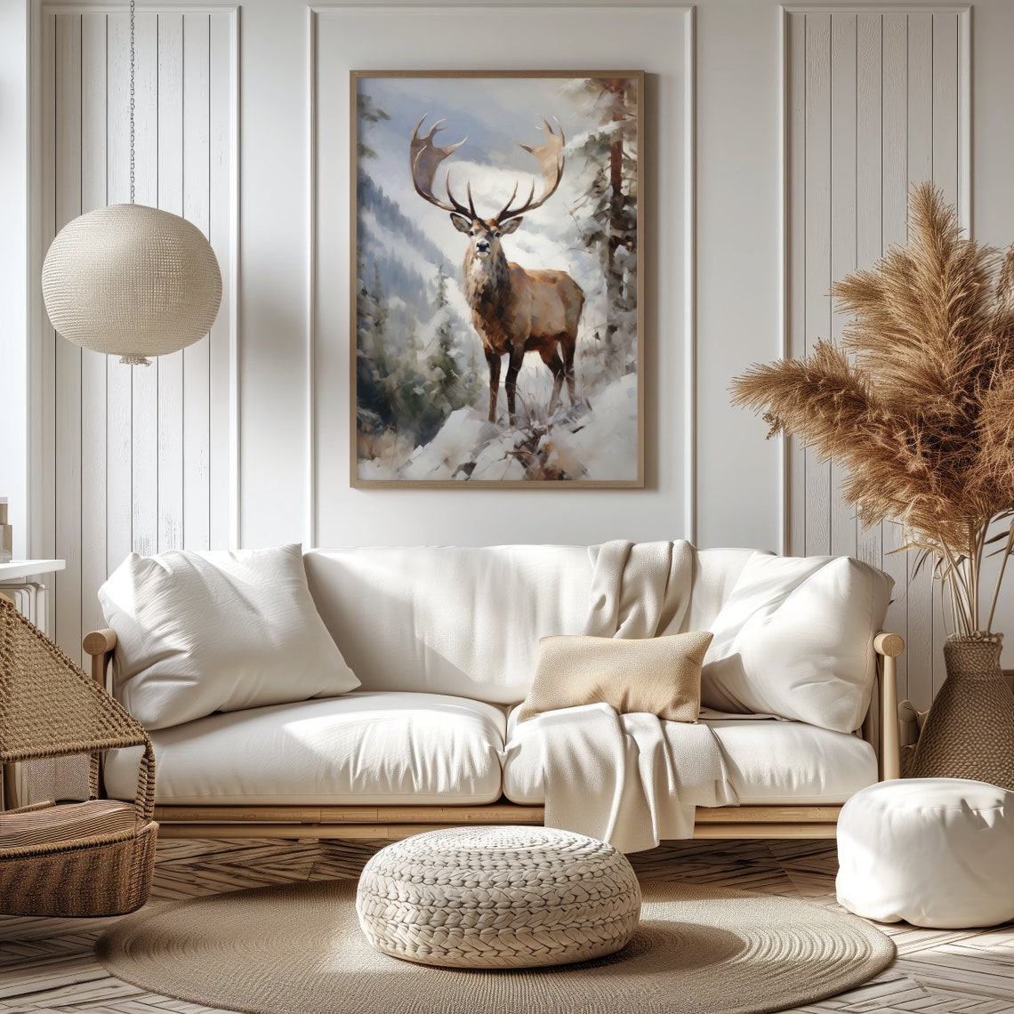 Majestic Stag with Large Antlers in Snowy Mountains Painting Poster - Image 2