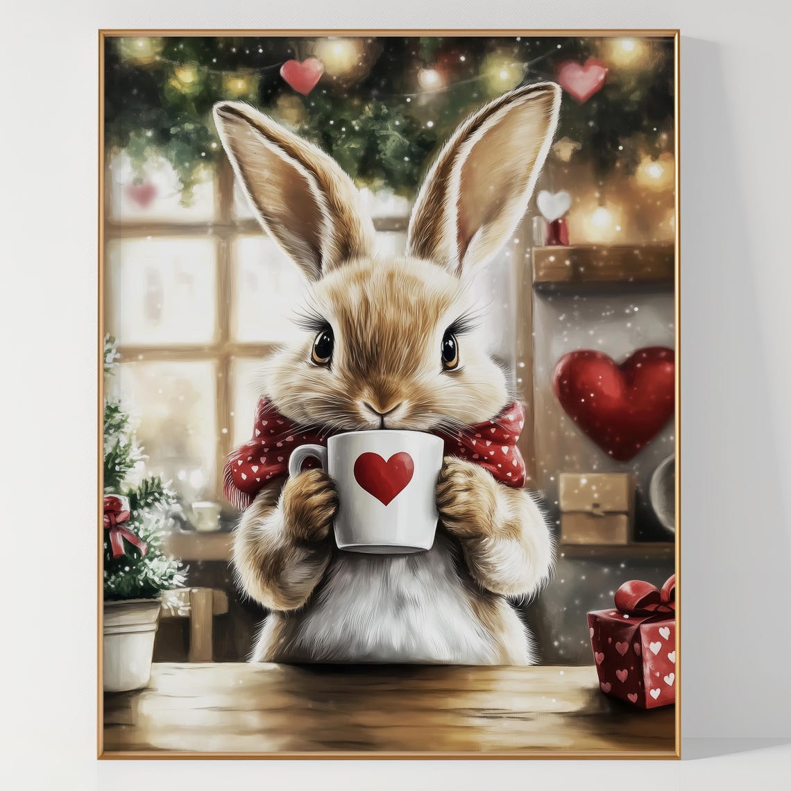 Adorable Bunny in Heart Scarf Sipping Cocoa Christmas Cafe Poster