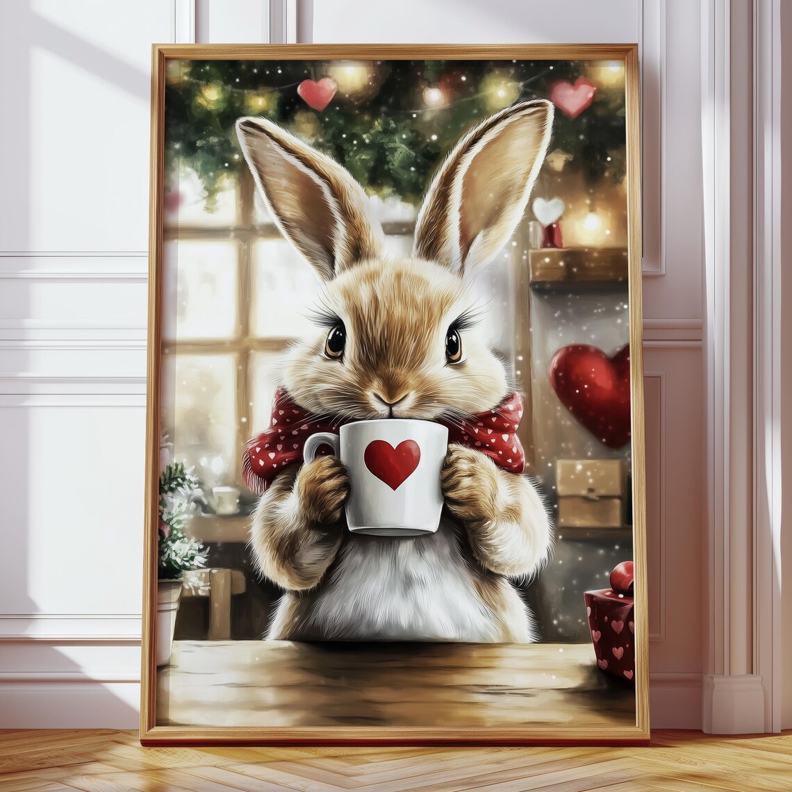 Adorable Bunny in Heart Scarf Sipping Cocoa Christmas Cafe Poster - Image 4