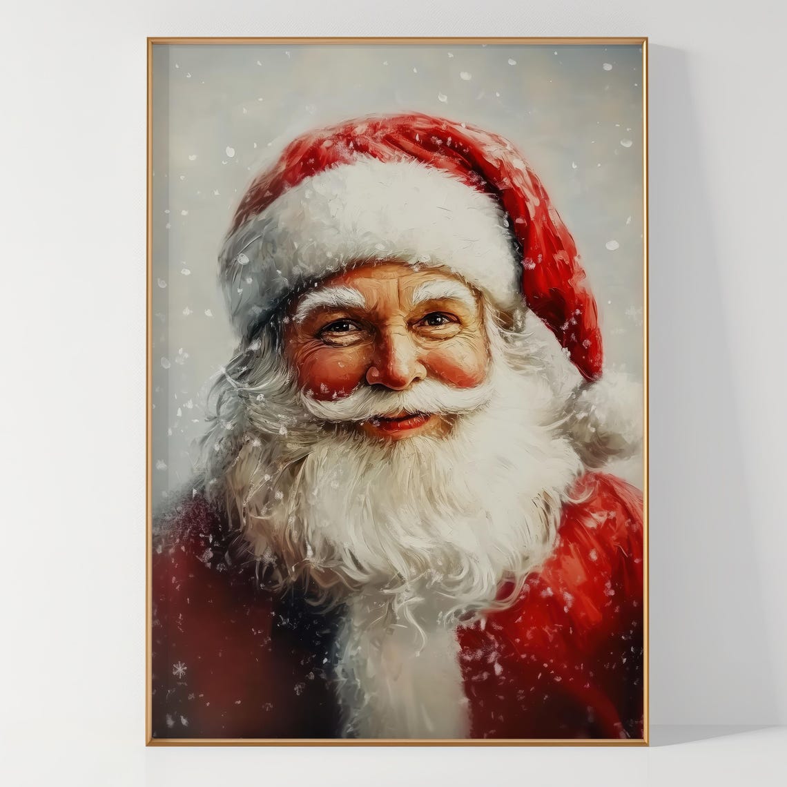 Smiling Santa Claus Portrait in Falling Snow Christmas Art Poster