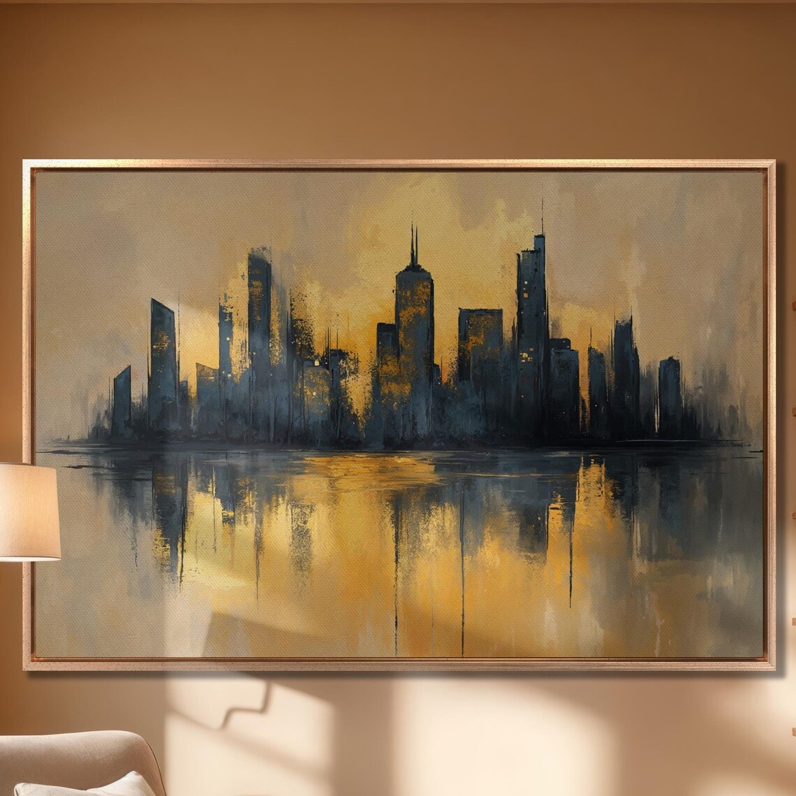 City Skyline Silhouette at Golden Sunset Water Reflection Art Poster