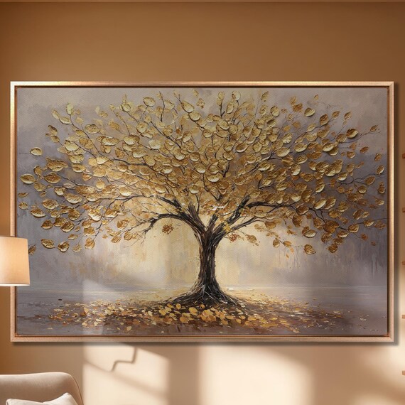 Majestic Golden Tree Wall Art Elegant Gold Leaves Painting Print Large Luxury Wall Decor Modern Textured Effect Artwork Ready To Hang