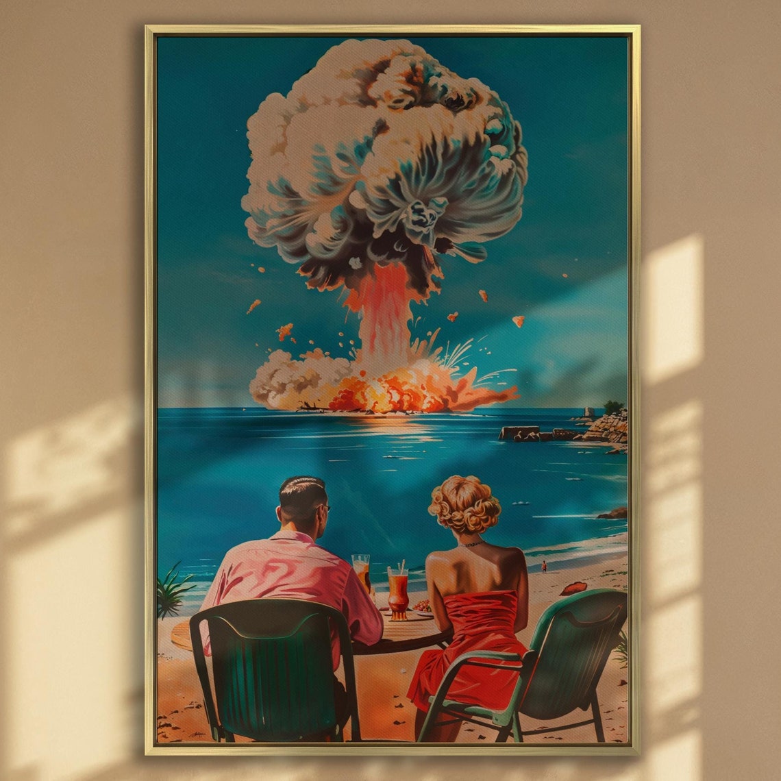 Surreal Retro Couple Watching Beach Mushroom Cloud Art Poster
