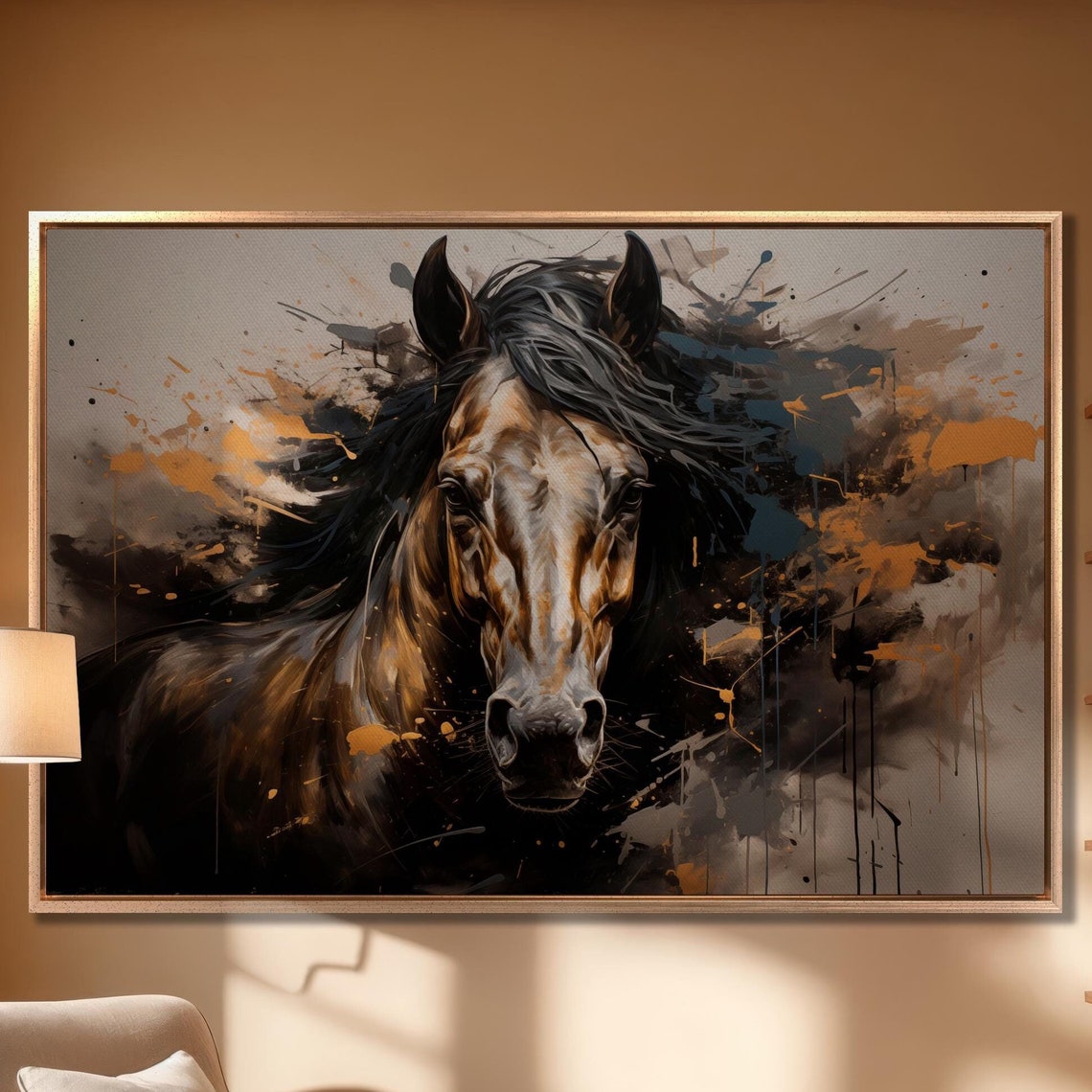 Wild Horse Head Watercolor Splash Rustic Equestrian Wall Art