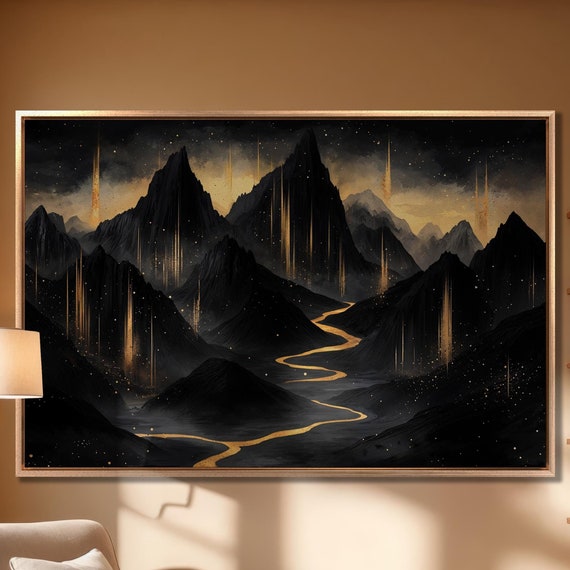Mystical Mountain Landscape Wall Art Black Gold Painting Print Living Room Wall Decor Abstract Dark Mountains Poster Ready To Hang