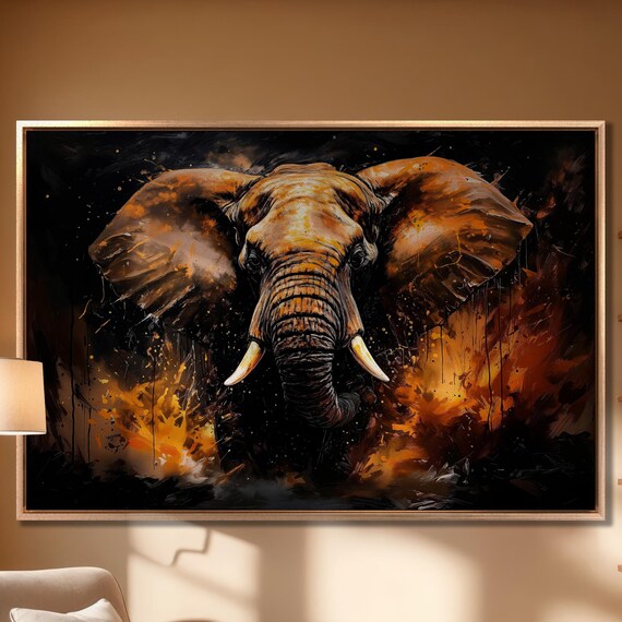 African Elephant Fiery Orange Brushstrokes Safari Portrait Wall Art