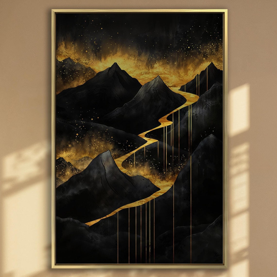 Dramatic Dark Mountains with Winding Golden River Landscape Poster