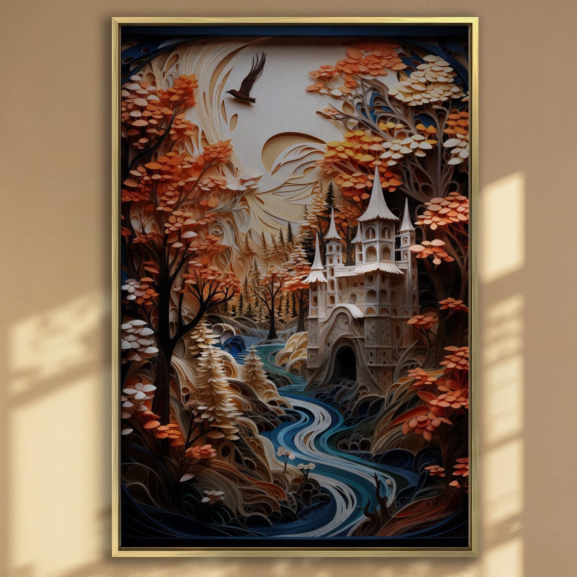 Autumn Forest Castle Paper Cut Quilling Style Fantasy Art Poster
