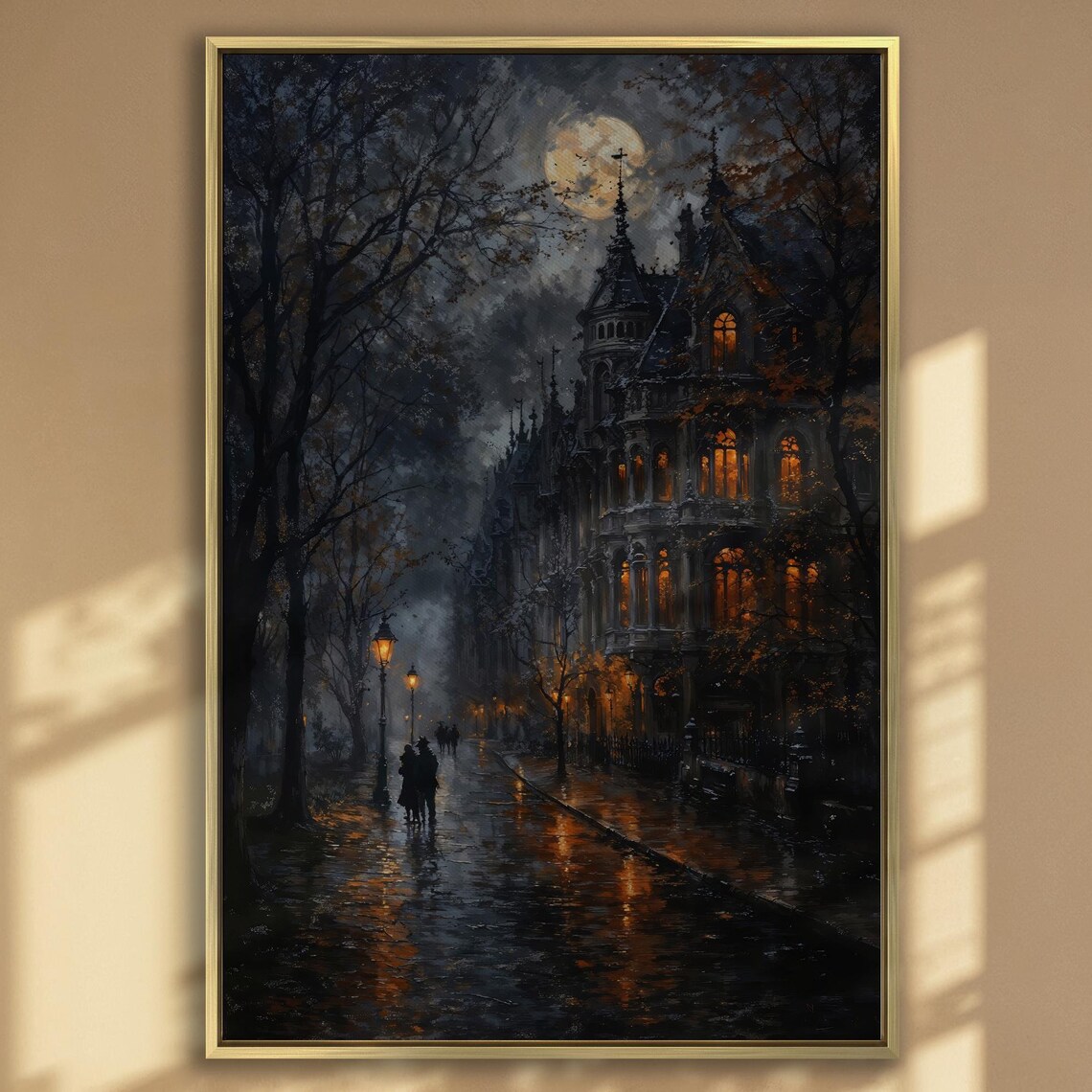 Foggy Moody Victorian Street At Night Rain Lit Windows Art Poster