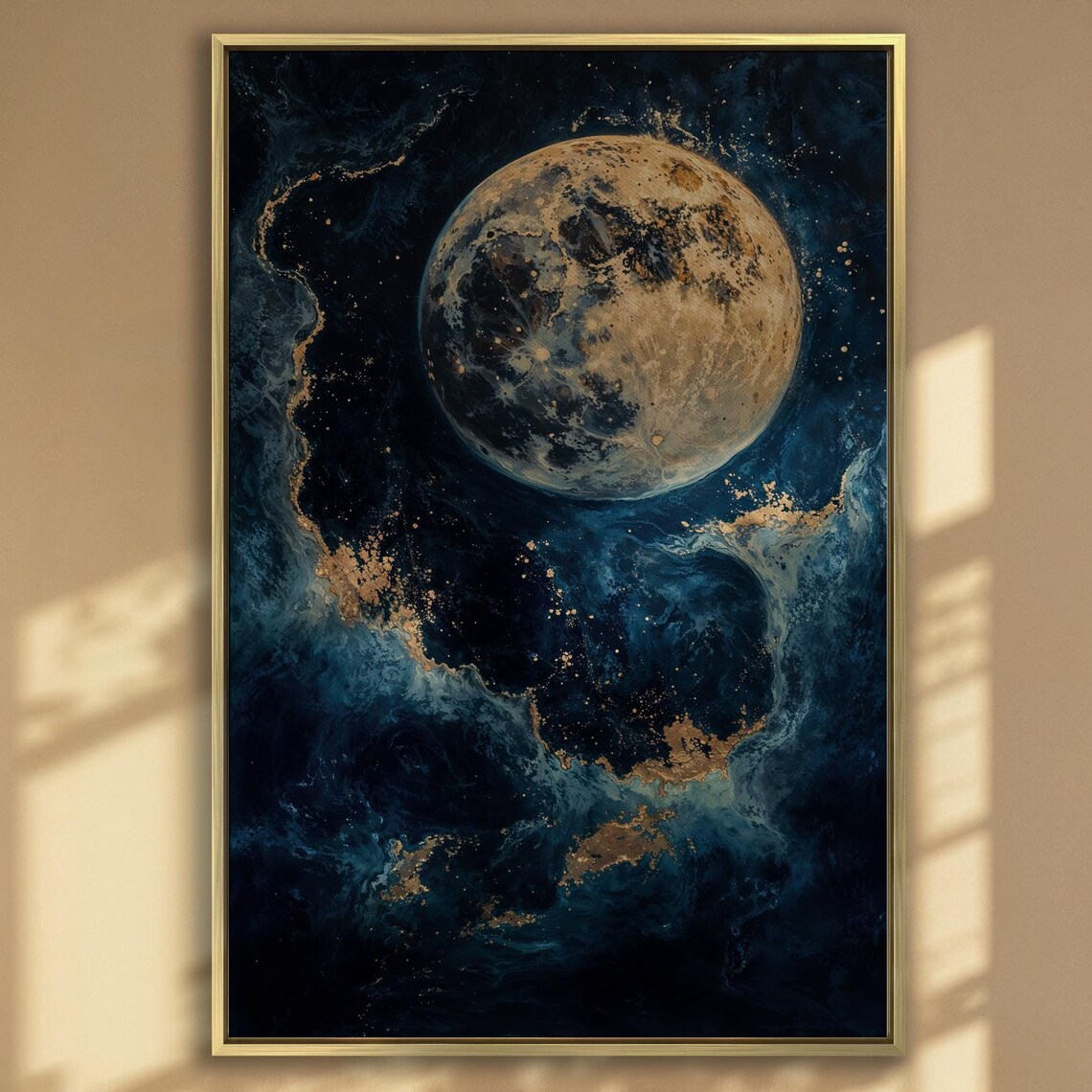 Golden Full Moon in Dark Blue Cosmic Night Sky Elegant Art Poster