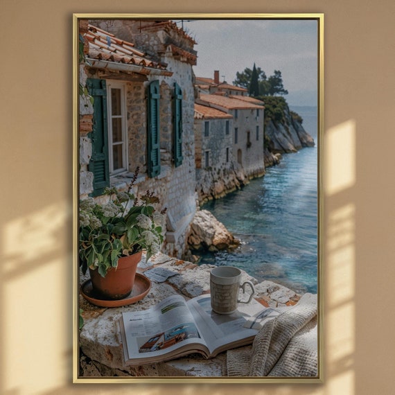 Mediterranean Coast Print Cozy Stone House Wall Art Sea View Poster Rustic Architecture Prints Historic Charm Decor Ready To Hang