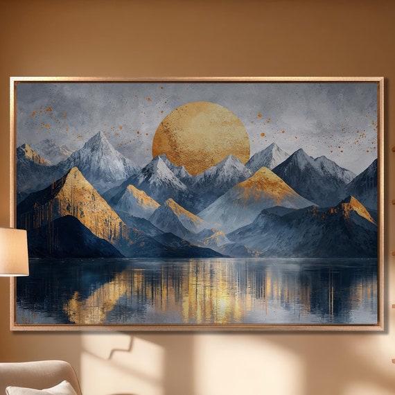 Abstract Mountain Landscape Wall Art Golden Sun Over Mountains Painting Print Nature Wall Decor Large Scenery Poster Ready To Hang