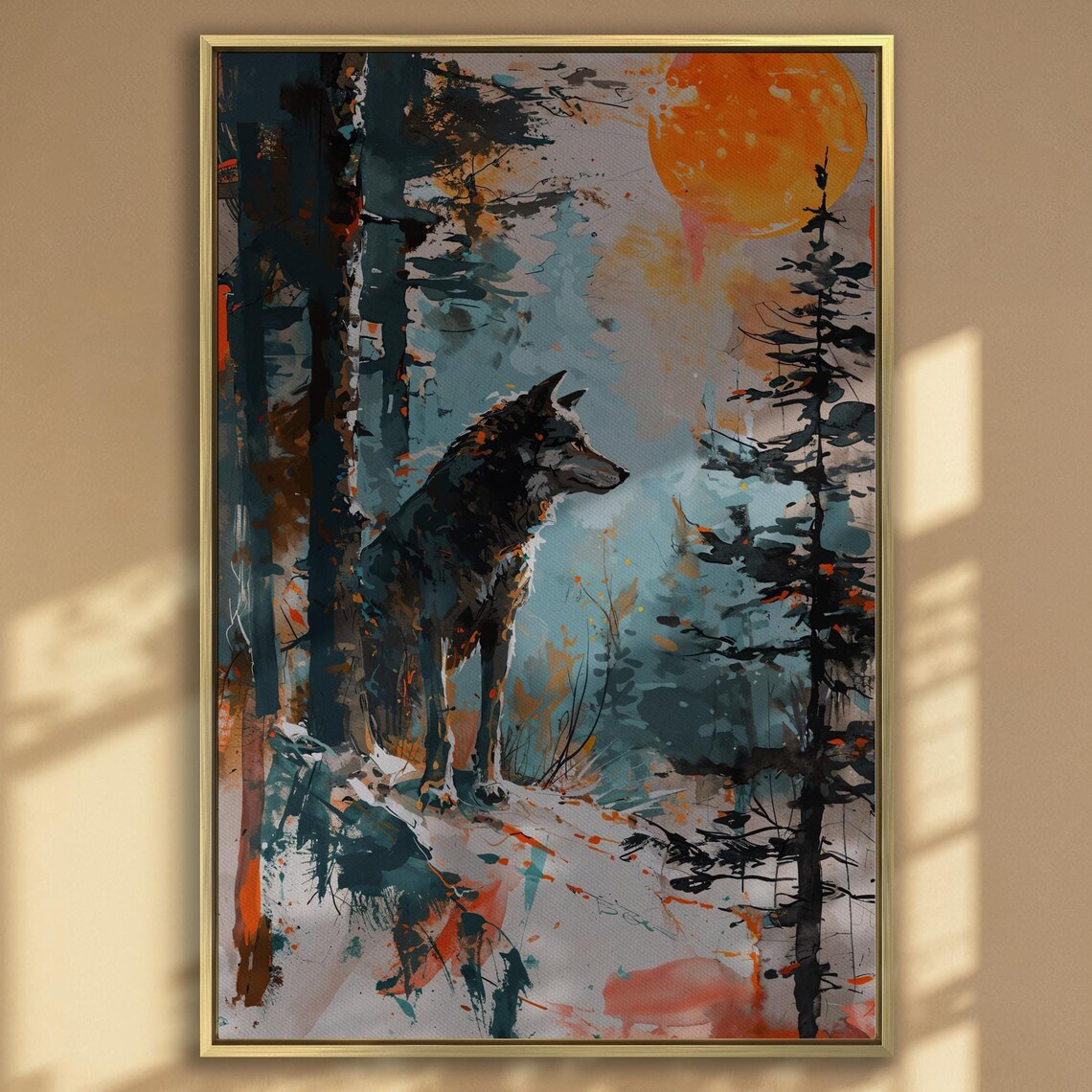 Abstract Wolf Silhouette Art Print, Sunset Forest
