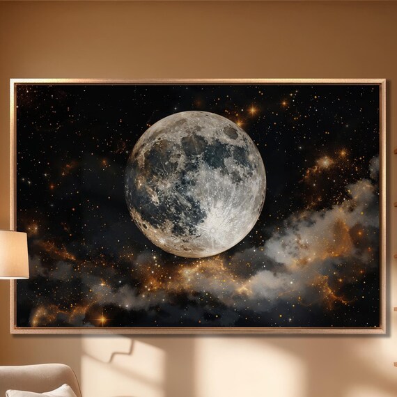 Detailed Full Moon Glowing In Starry Cosmic Night Sky Art Poster