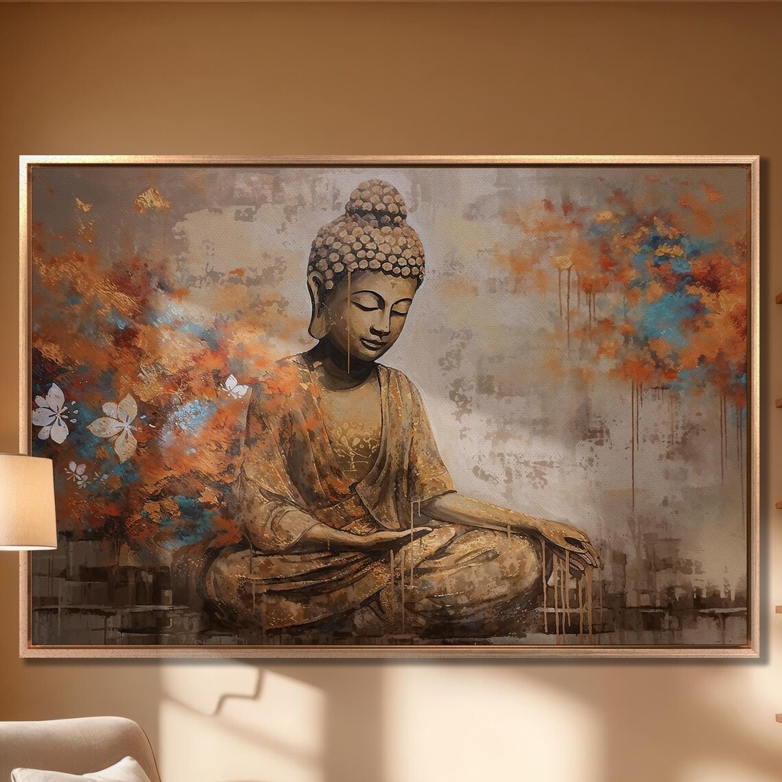 Serene Meditating Buddha Gold Teal Abstract Oil Painting Poster