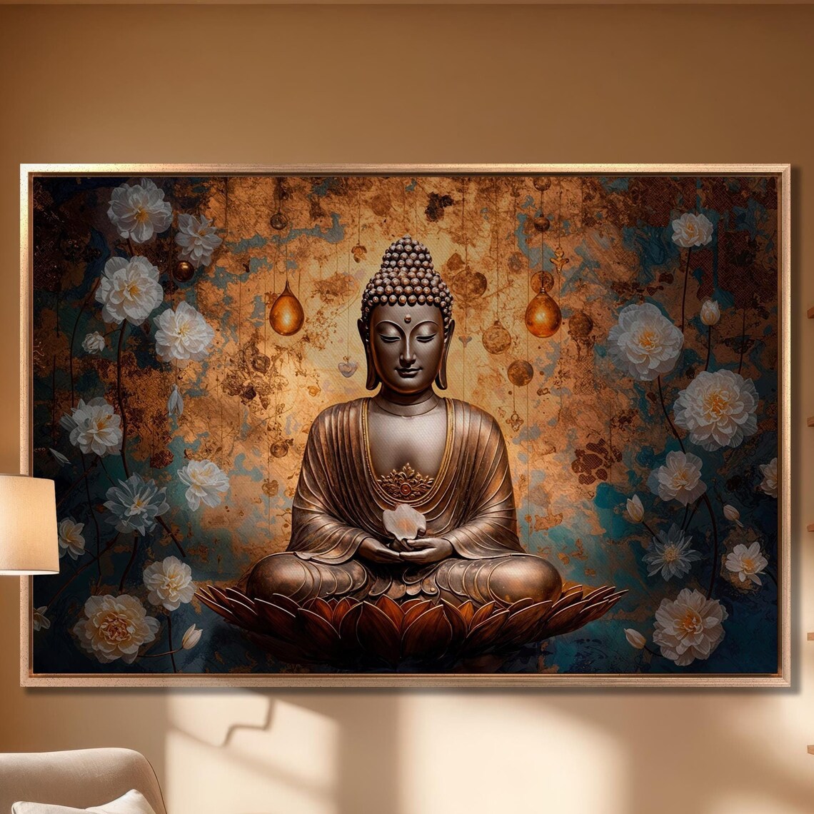 Bronze Buddha Meditating On Lotus Flower Floral Zen Wall Art