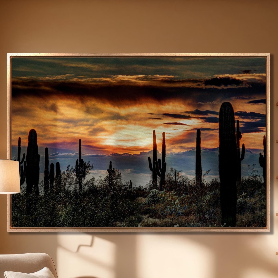Sonoran Desert Saguaro Cactus Fiery Sunset Silhouette Large Wall Art