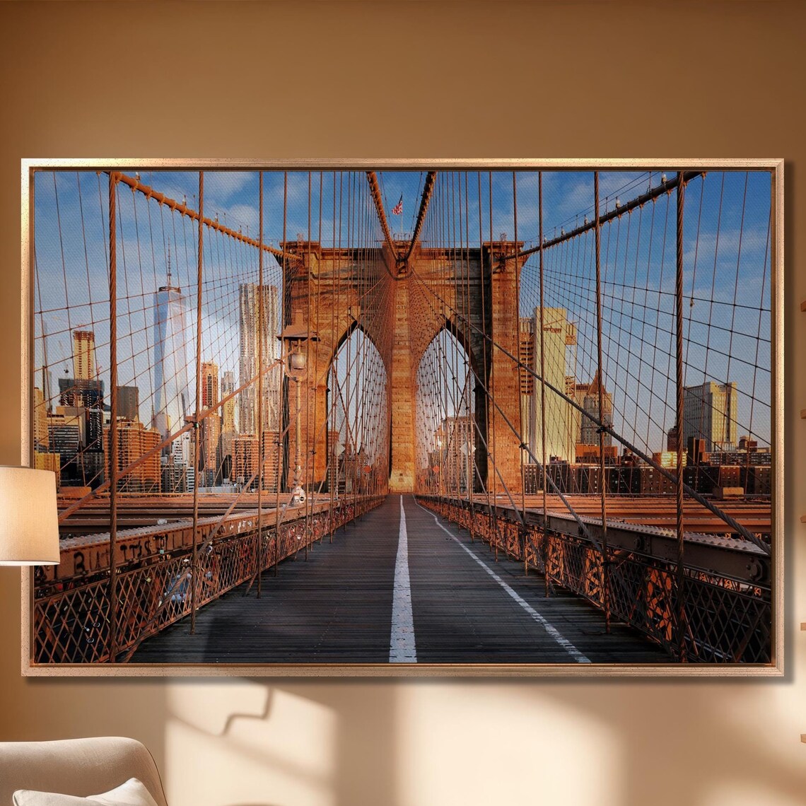 Brooklyn Bridge Pedestrian Walkway Golden Hour New York Poster