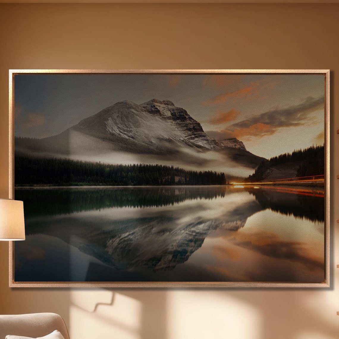 Misty Mountain Lake Sunset Golden Reflection Alpine Photo Poster