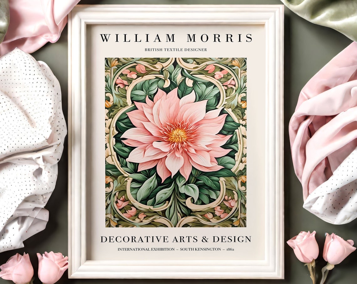 William Morris Pink Dahlia Floral Exhibition Style Art Poster