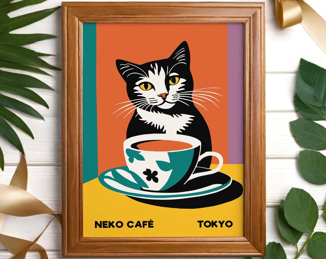 Tokyo Neko Café Black Cat With Teacup Bold Retro Pop Art Poster