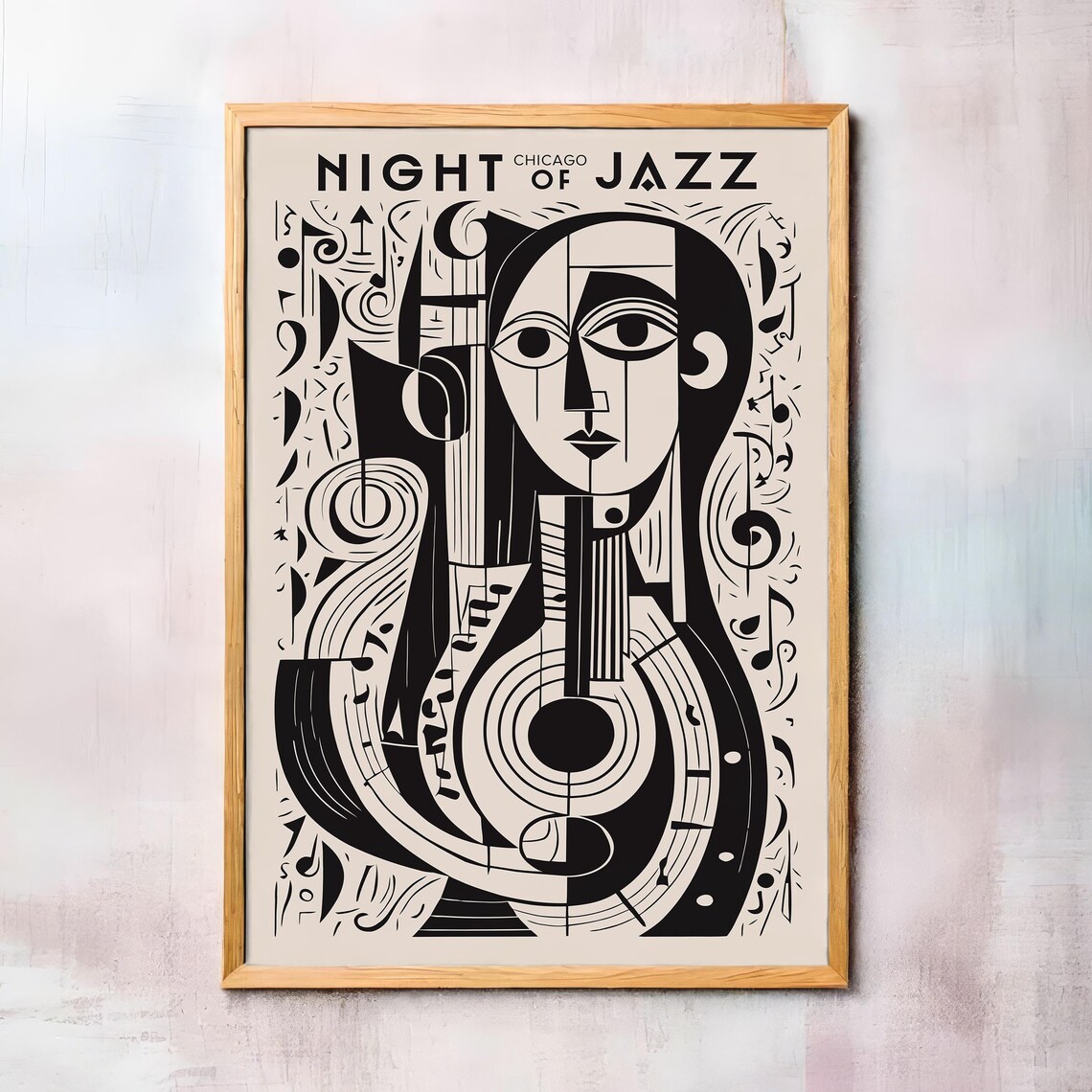 Night of Chicago Jazz Cubist Black and White Picasso Style Poster