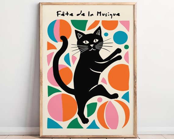 Fte De La Musique Retro Black Cat Poster Vibrant Abstract Art Colorful Geometric Art French Music Festival Wall Art Cat Lovers Gift