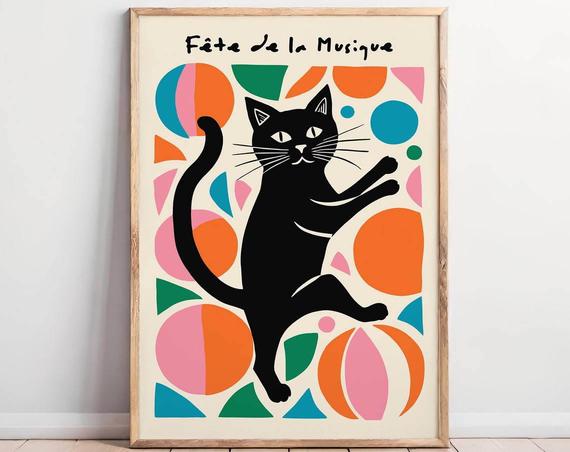 Fte De La Musique Retro Black Cat Poster Vibrant Abstract Art Colorful Geometric Art French Music Festival Wall Art Cat Lovers Gift