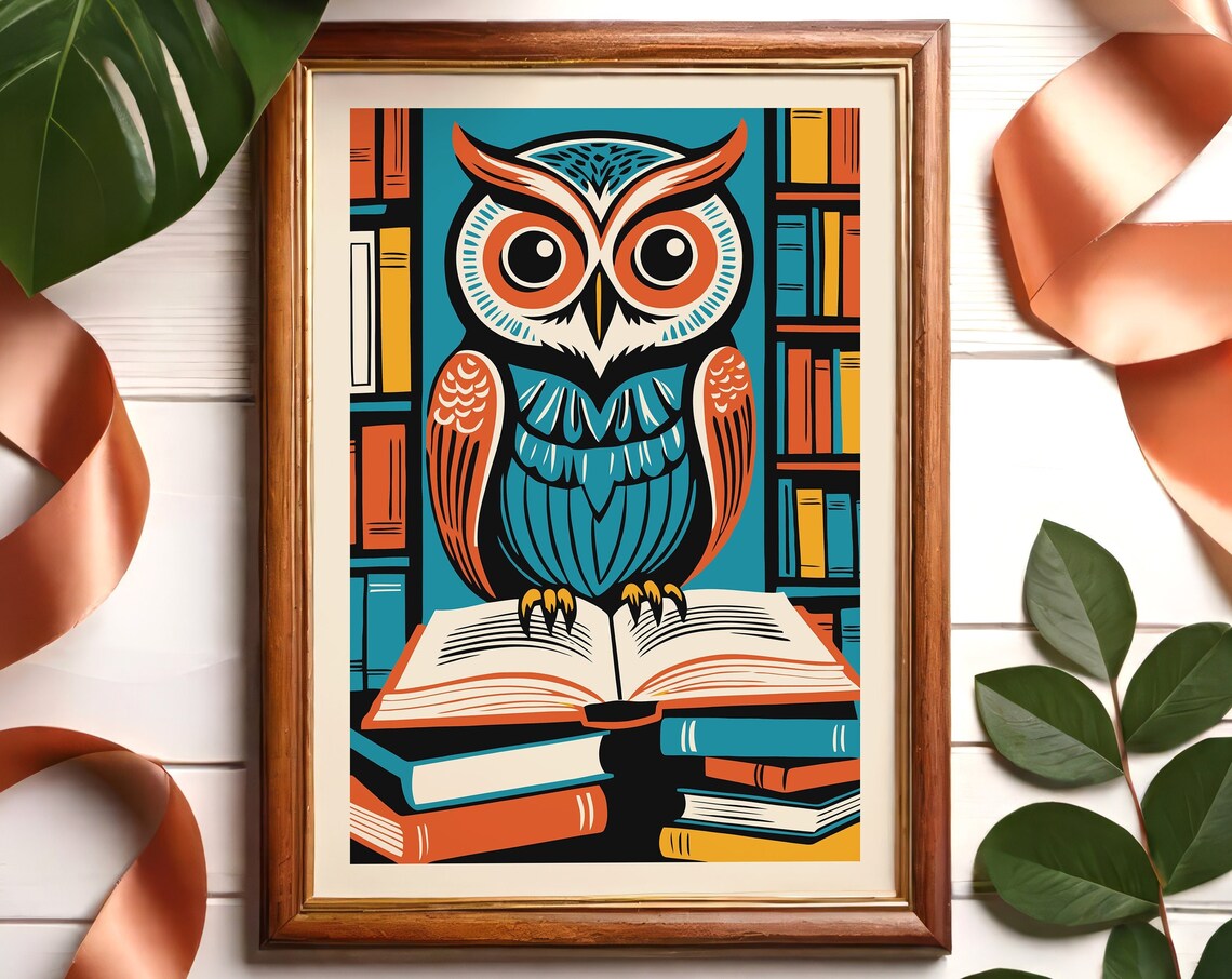 Vintage Owl Standing on Books Beside Library Bookshelf Art Poster