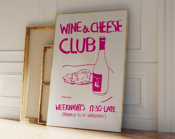 Wine And Cheese Club Hot Pink Retro Kitchen Typography Party Poster